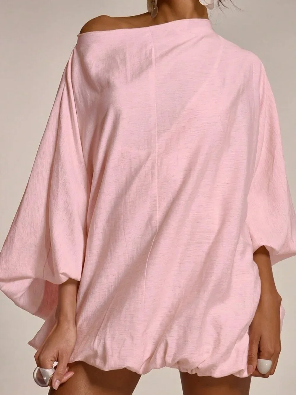 Pink Oversized Flowy Balloon Women's Slash Neck Cinched Mini Dress